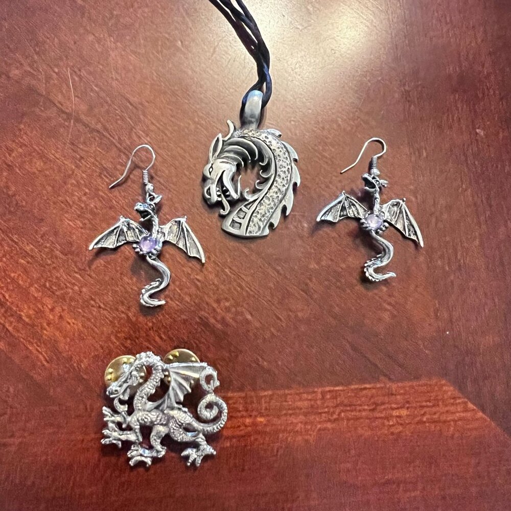 Dragon Jewelry Set‎ Silver-Tone Pendant Necklace Amethyst Earrings, Pin